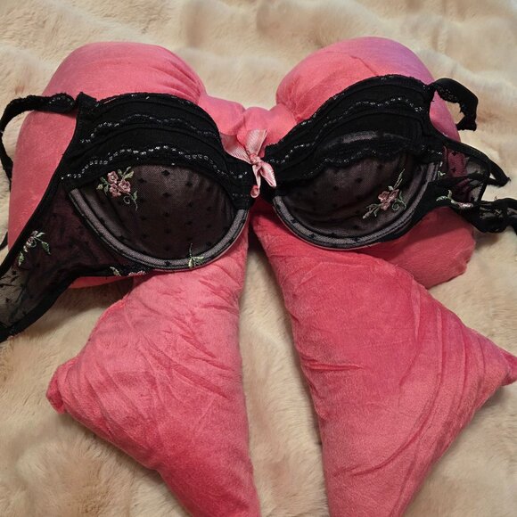 Victoria's Secret Black Lace with Embroidered Pink Flowers and Bow Bra 36C - EUC - Picture 1 of 4